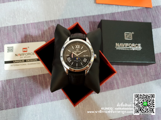 นาฬิกา Naviforce NF9108 สายหนัง สีดำ-เงิน ส่งฟรี มีบริการเก็บเงินปลายทาง