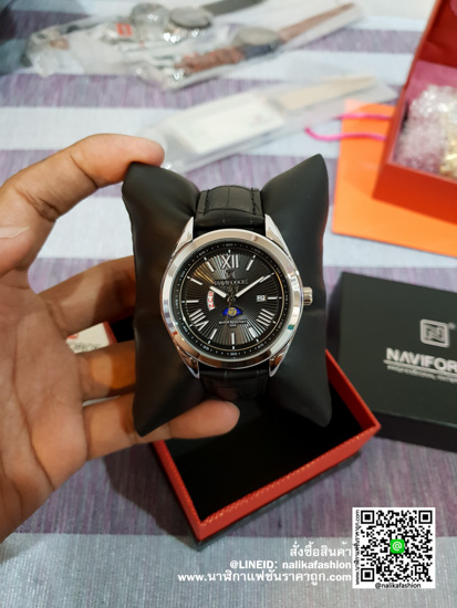 นาฬิกา Naviforce NF9108 สายหนัง สีดำ-เงิน ส่งฟรี มีบริการเก็บเงินปลายทาง