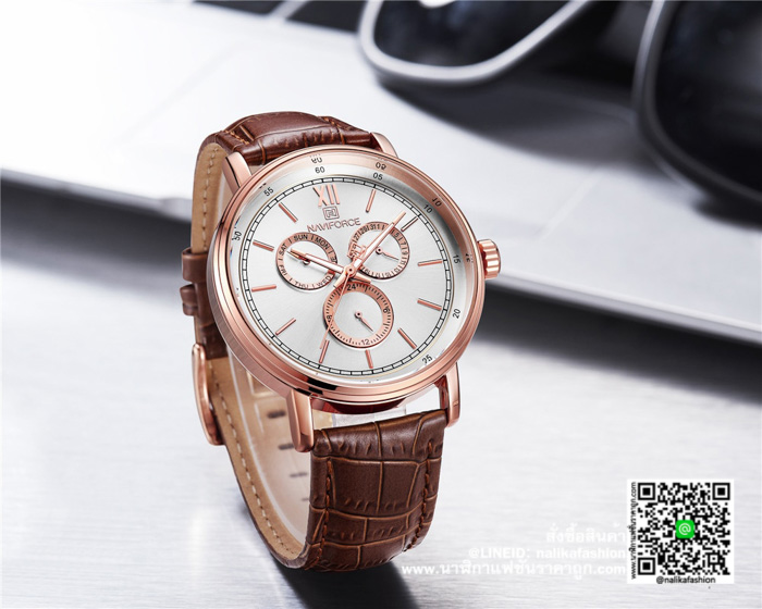 นาฬิกา Naviforce NF3002 สายหนังผู้ชายรุ่นพิเศษ สีน้ำตาลขอบพิ้งโกล ของแท้ 100% ส่งฟรี มีปริการเก็บเงินปลายทาง