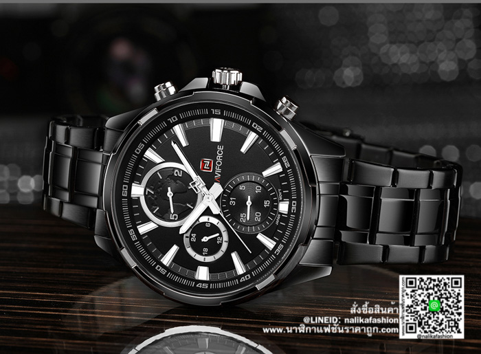 นาฬิกา Naviforce NF9089 สายสแตนเลส ลายโมโนกราฟ สีดำ