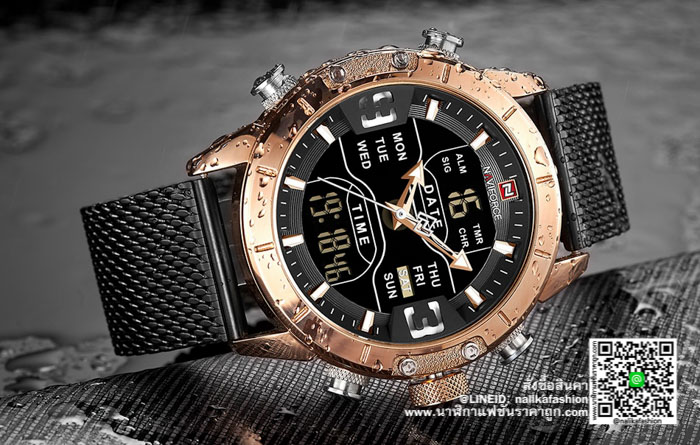 นาฬิกา Naviforce NF9153 รุ่นใหม่ สายสแตนเลส สีดำ-พิ้งโกล ของแท้ 100%