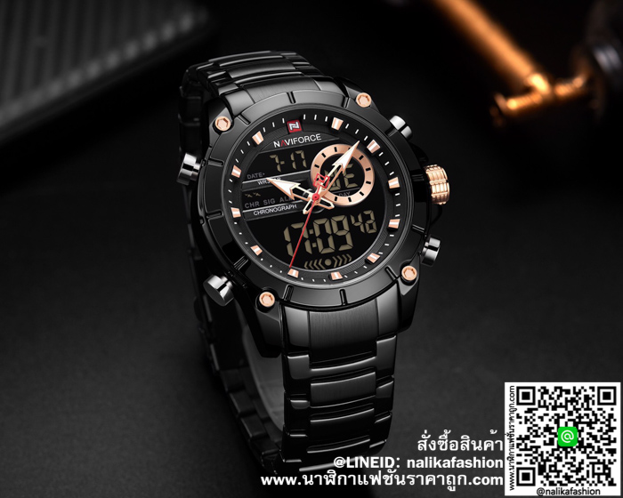 นาฬิกา Naviforce NF9163 สายสแตนเลส สีดำ-พิ้งโกล ขายดี  รุ่นใหม่ ของแท้ 100%