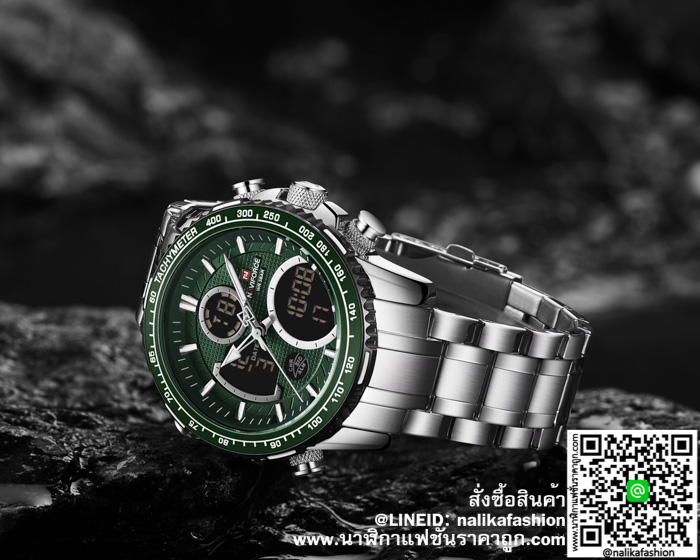 นาฬิกา Naviforce NF9182 สายสแตนเลส สีเงิน-หน้าปัดเขียว เท่ ๆ